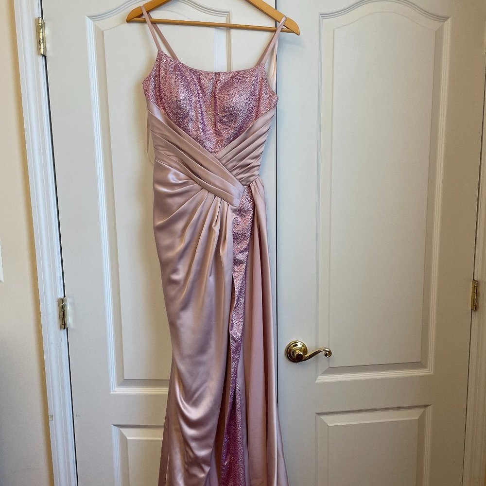 Portia and Scarlett Satin High-Slit Gown With Overlay-  PS22158